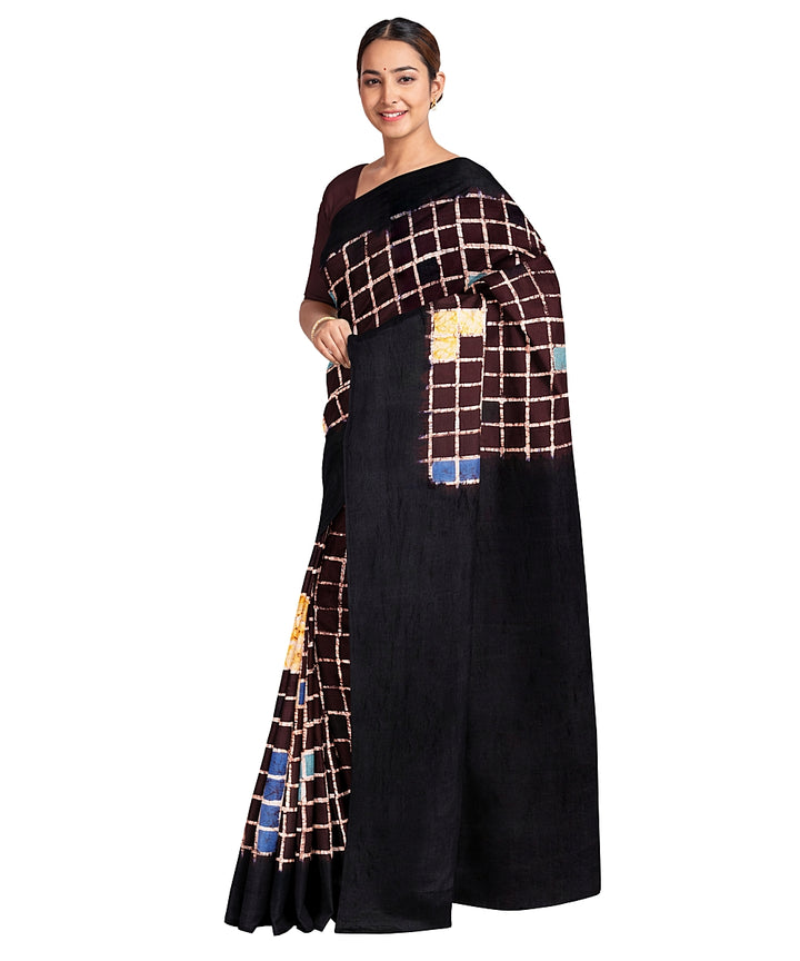 Biswa bangla black wine hand printed silk batik print saree