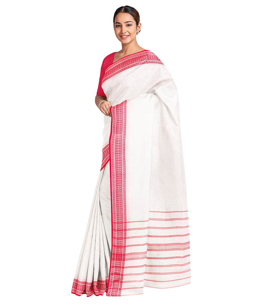 Biswa bangla white red handwoven silk santipuri saree