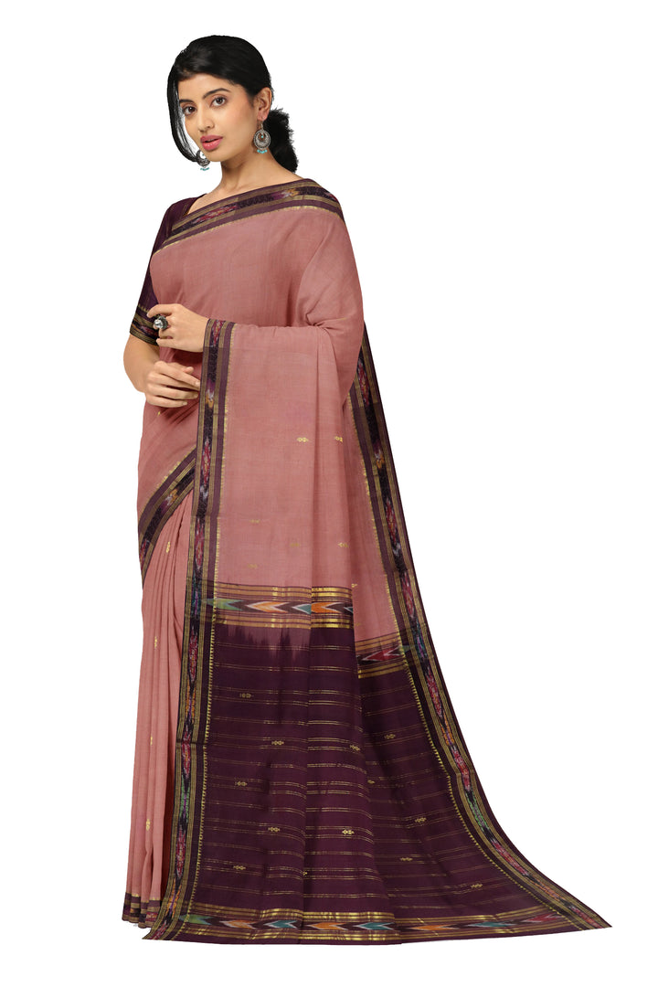 Brown purple cotton handwoven bandar saree