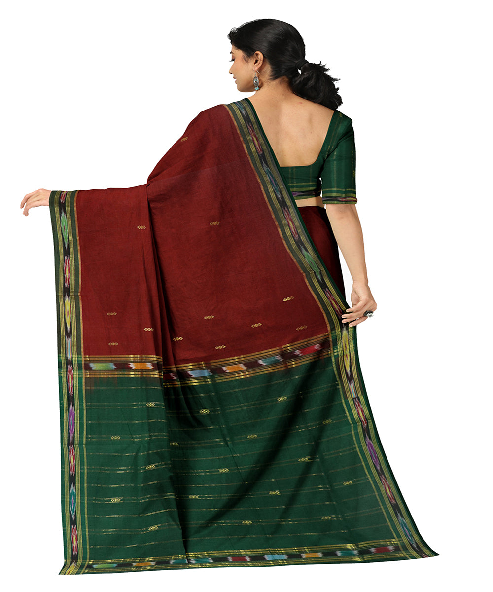 Red dark green cotton handwoven bandar saree