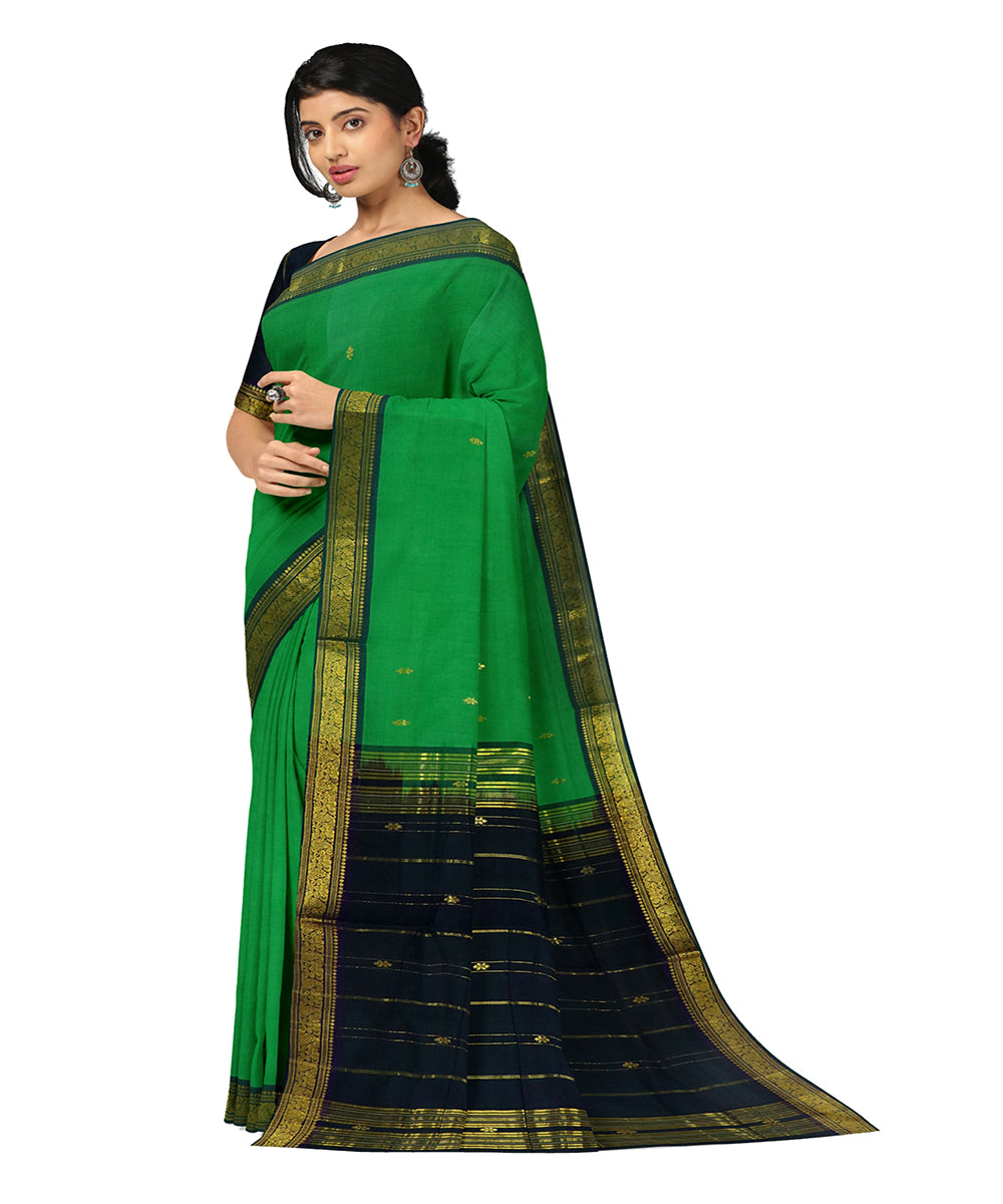Jade green black cotton handwoven bandar saree
