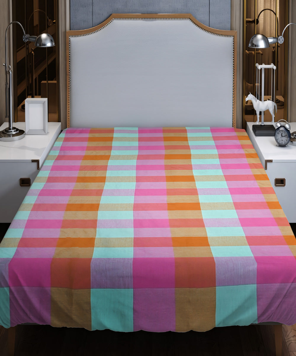 Pink cyan blue mustard checked handloom cotton double bed bedsheet