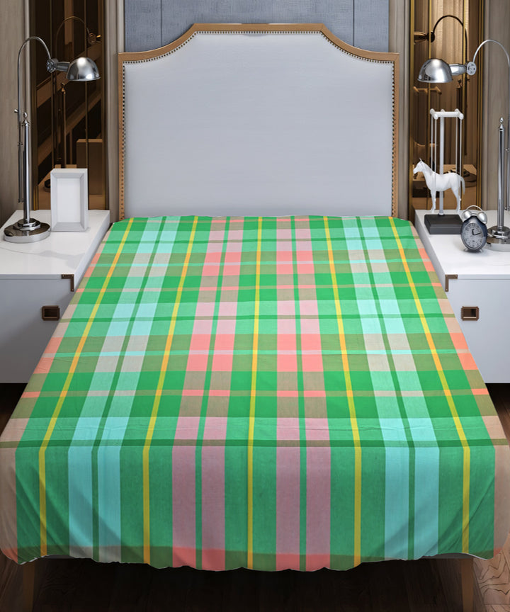 Pink green handloom cotton double bed bedsheet
