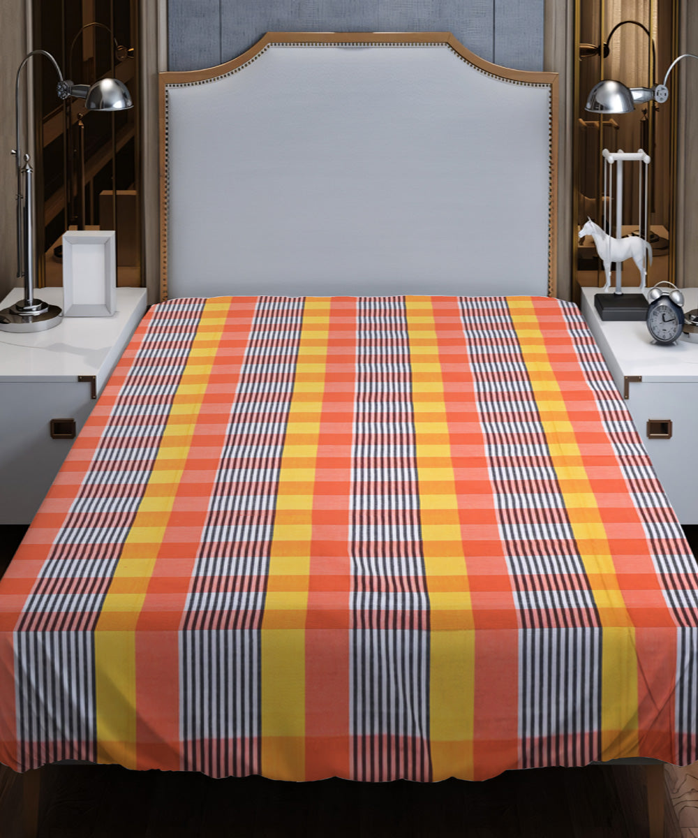 Orange yellow checks handloom cotton double bed bedsheet