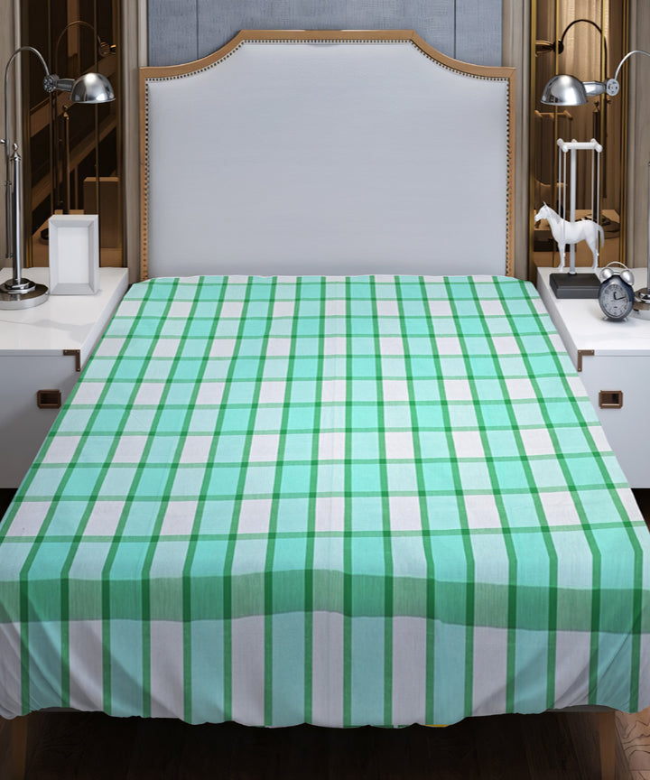Cyan blue white checks handloom cotton double bed bedsheet