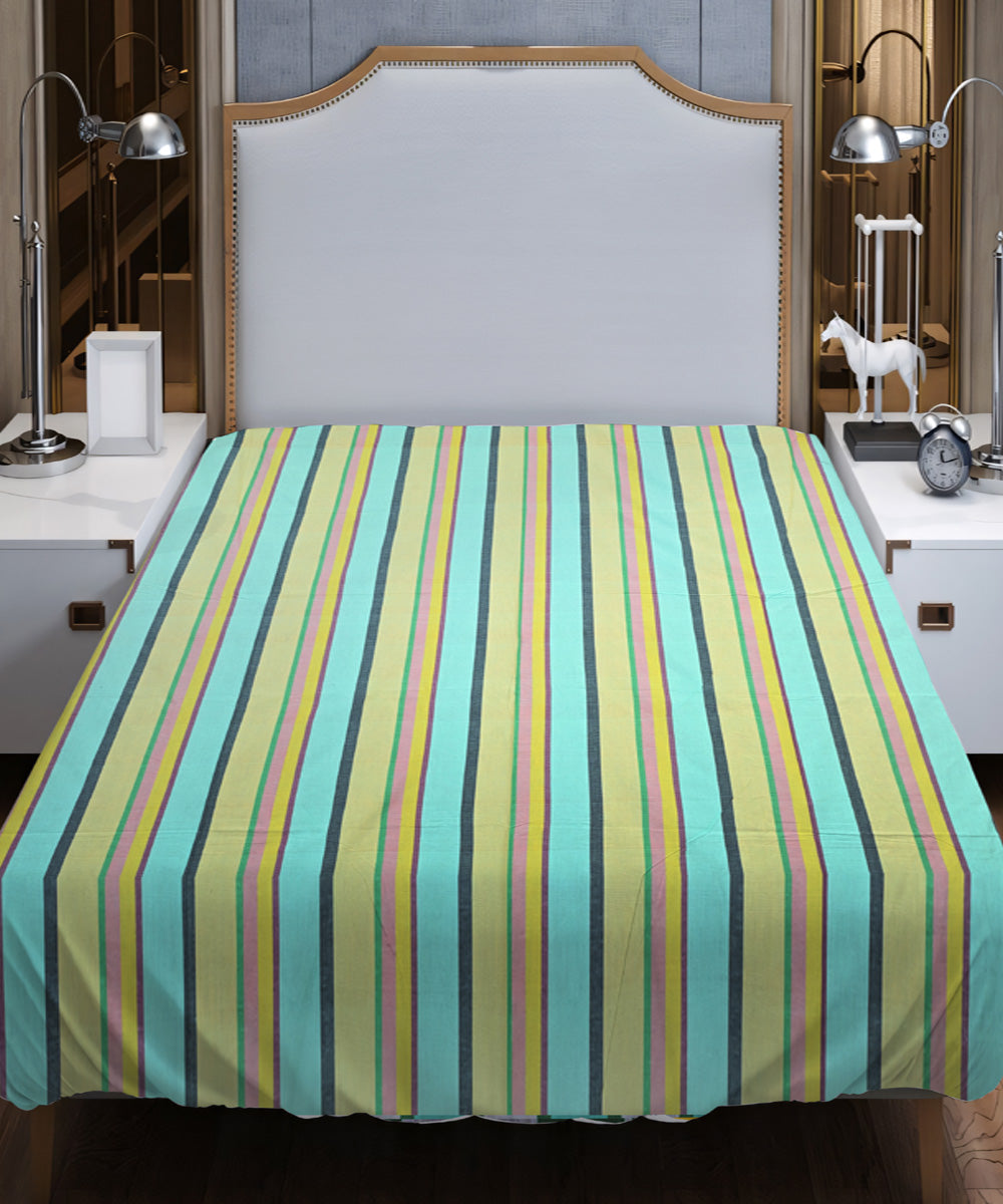 Cyan green blue striped handloom cotton double bed bedsheet