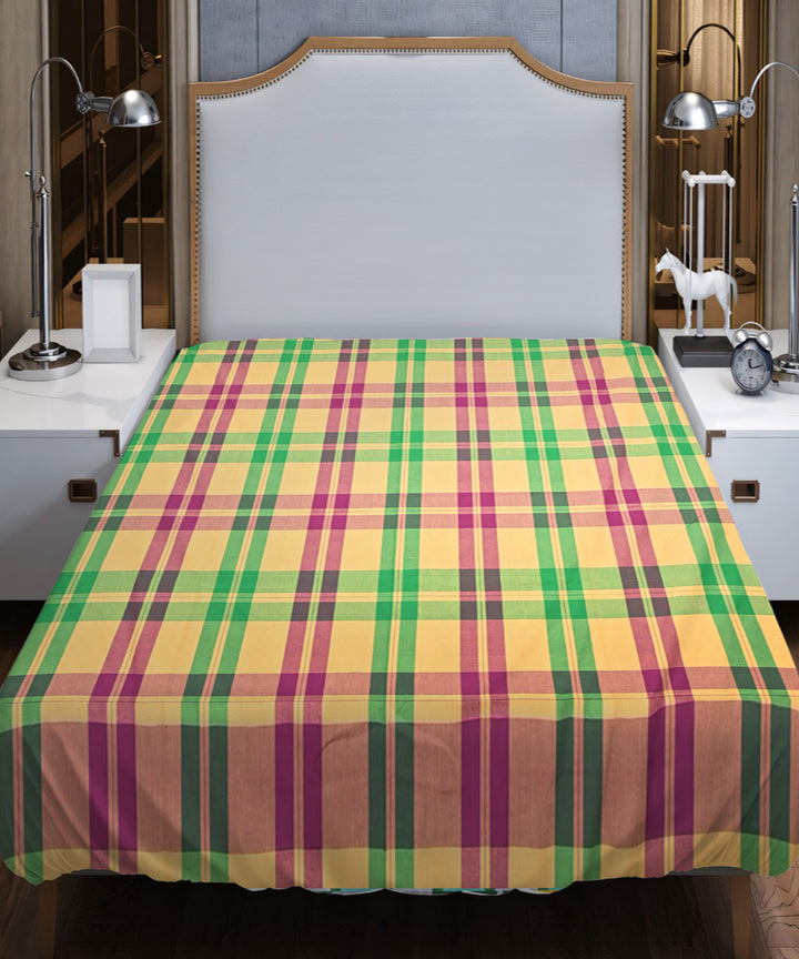 Light green pink checked handloom cotton double bed bedsheet