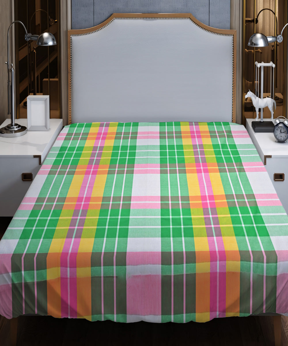 Light green pink handloom cotton double bed bedsheet