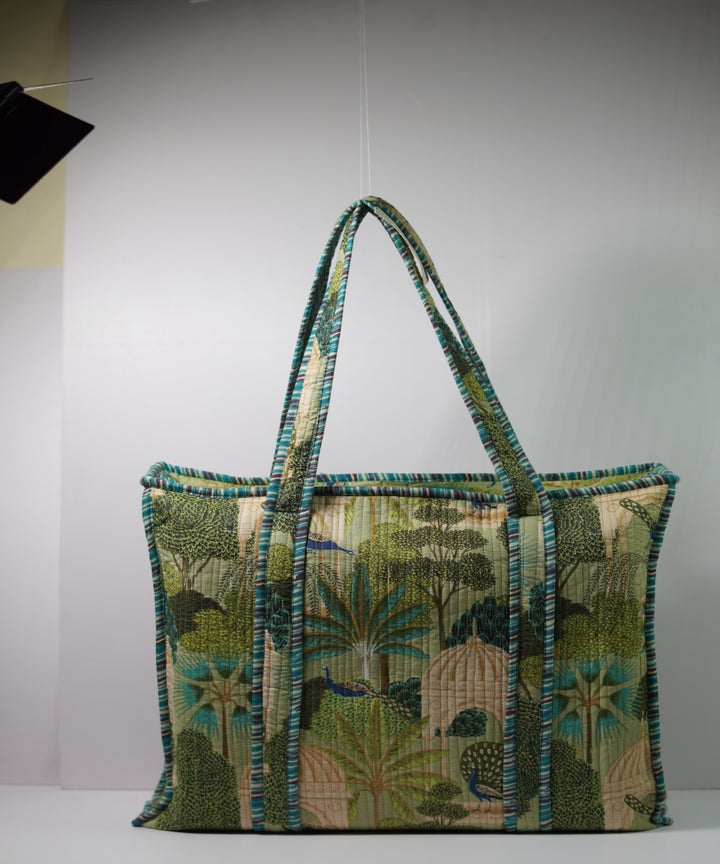 Teal green forest handmade sanganeri print cotton fabric sling bag