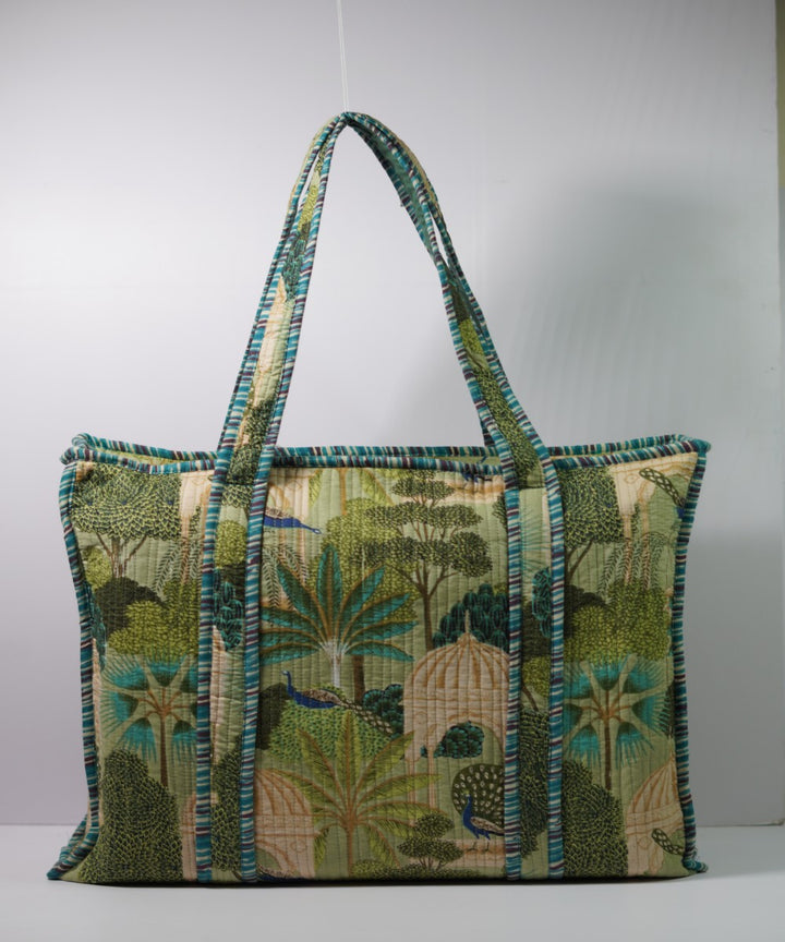Teal green forest handmade sanganeri print cotton fabric sling bag