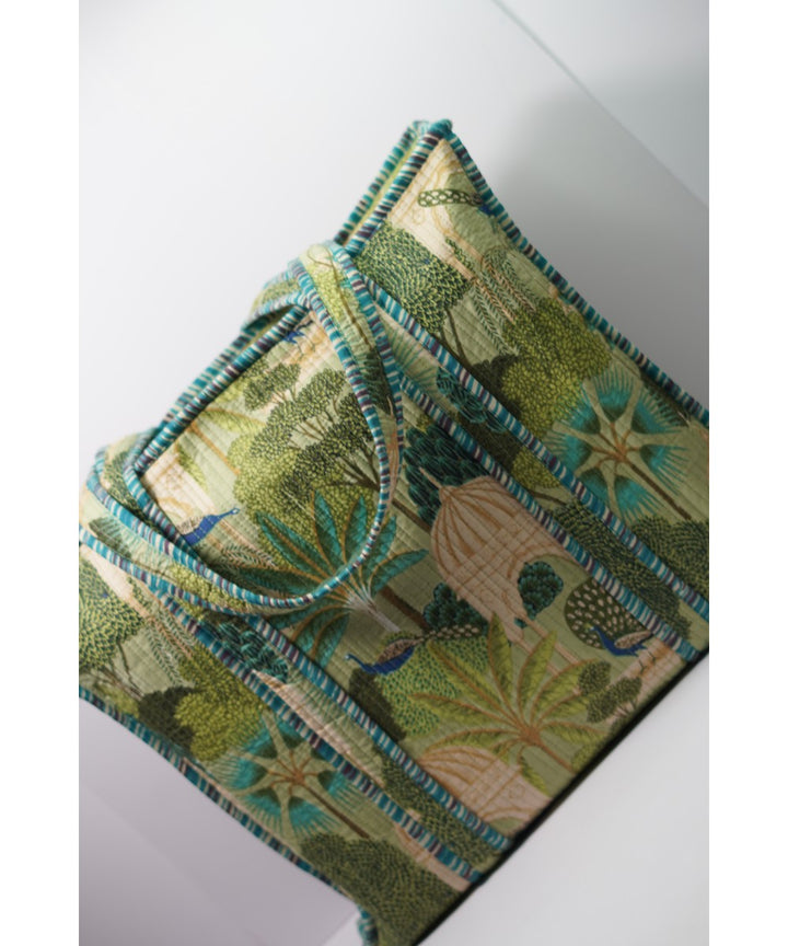 Teal green forest handmade sanganeri print cotton fabric sling bag