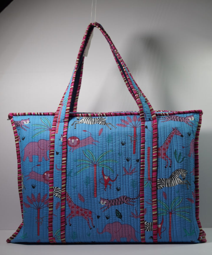 Turquoise animal printed handmade sanganeri cotton fabric sling bag