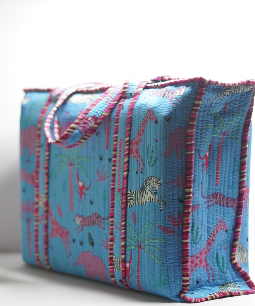 Turquoise animal printed handmade sanganeri cotton fabric sling bag