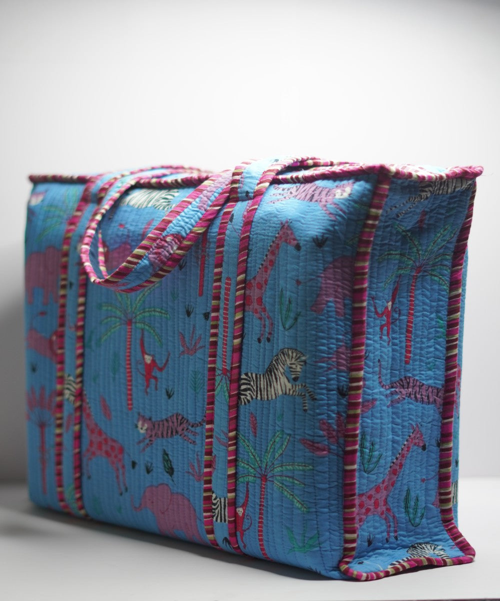 Turquoise animal printed handmade sanganeri cotton fabric sling bag