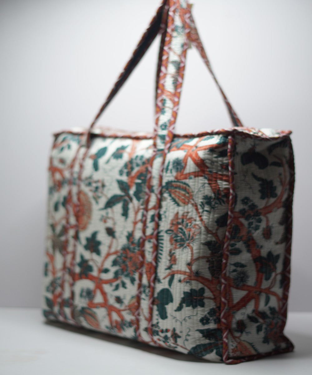 White floral printed handmade cotton fabric sanganeri print sling bag
