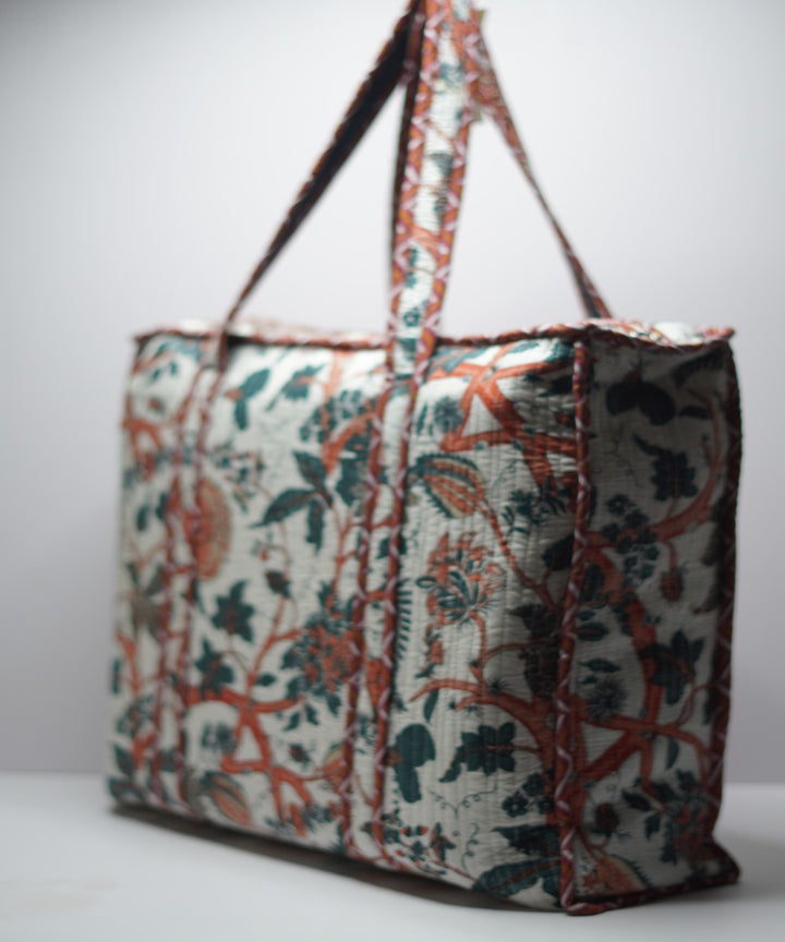 White floral printed handmade cotton fabric sanganeri print sling bag