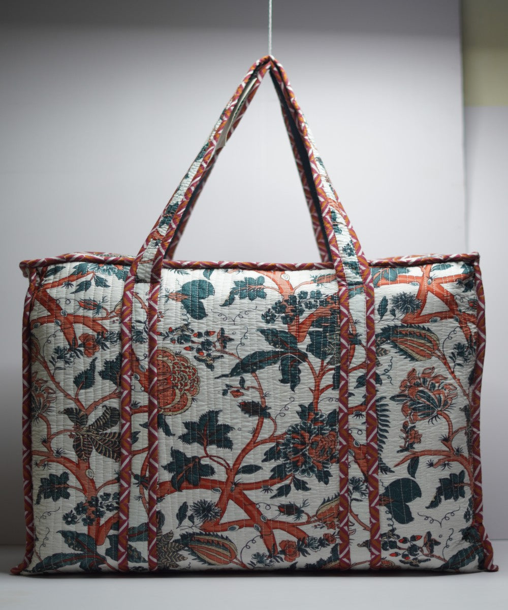 White floral printed handmade cotton fabric sanganeri print sling bag
