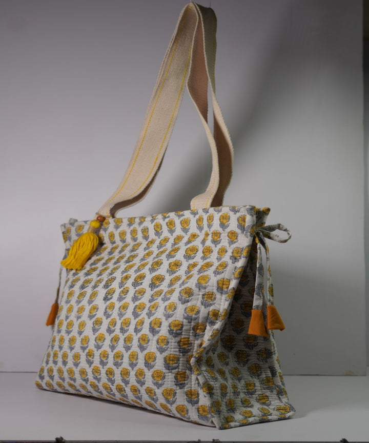 White floral printed handmade sanganeri print cotton fabric sling bag