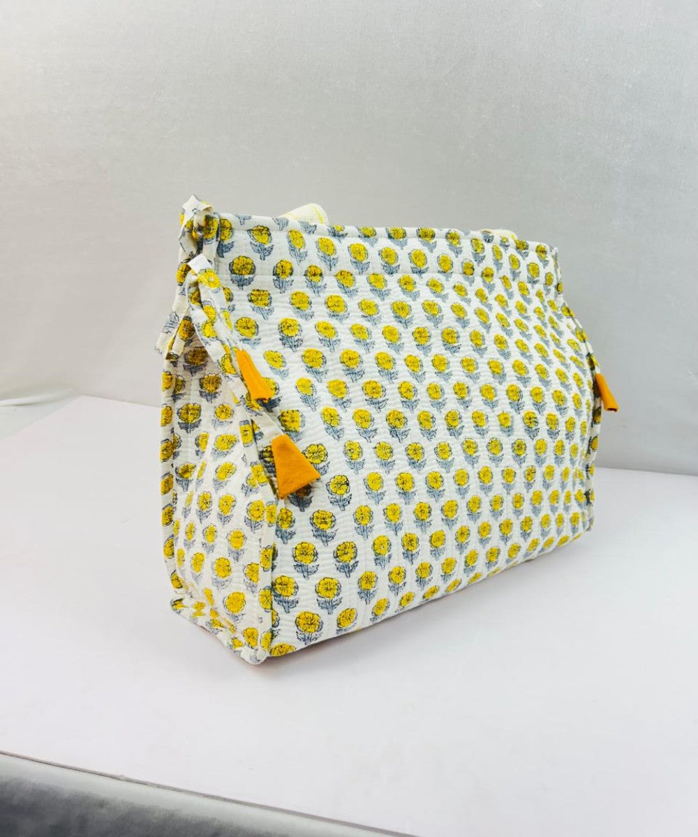 White floral printed handmade sanganeri print cotton fabric sling bag