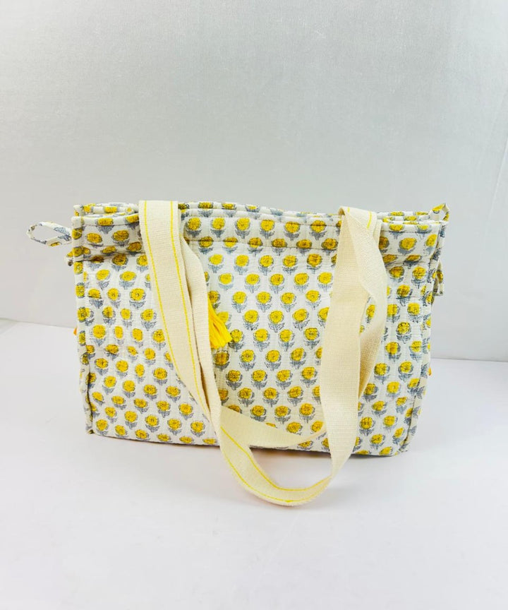 White floral printed handmade sanganeri print cotton fabric sling bag