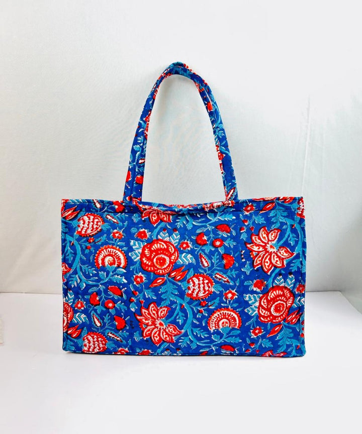 Cyan blue floral handprinted sanganeri cotton canvas fabric sling bag