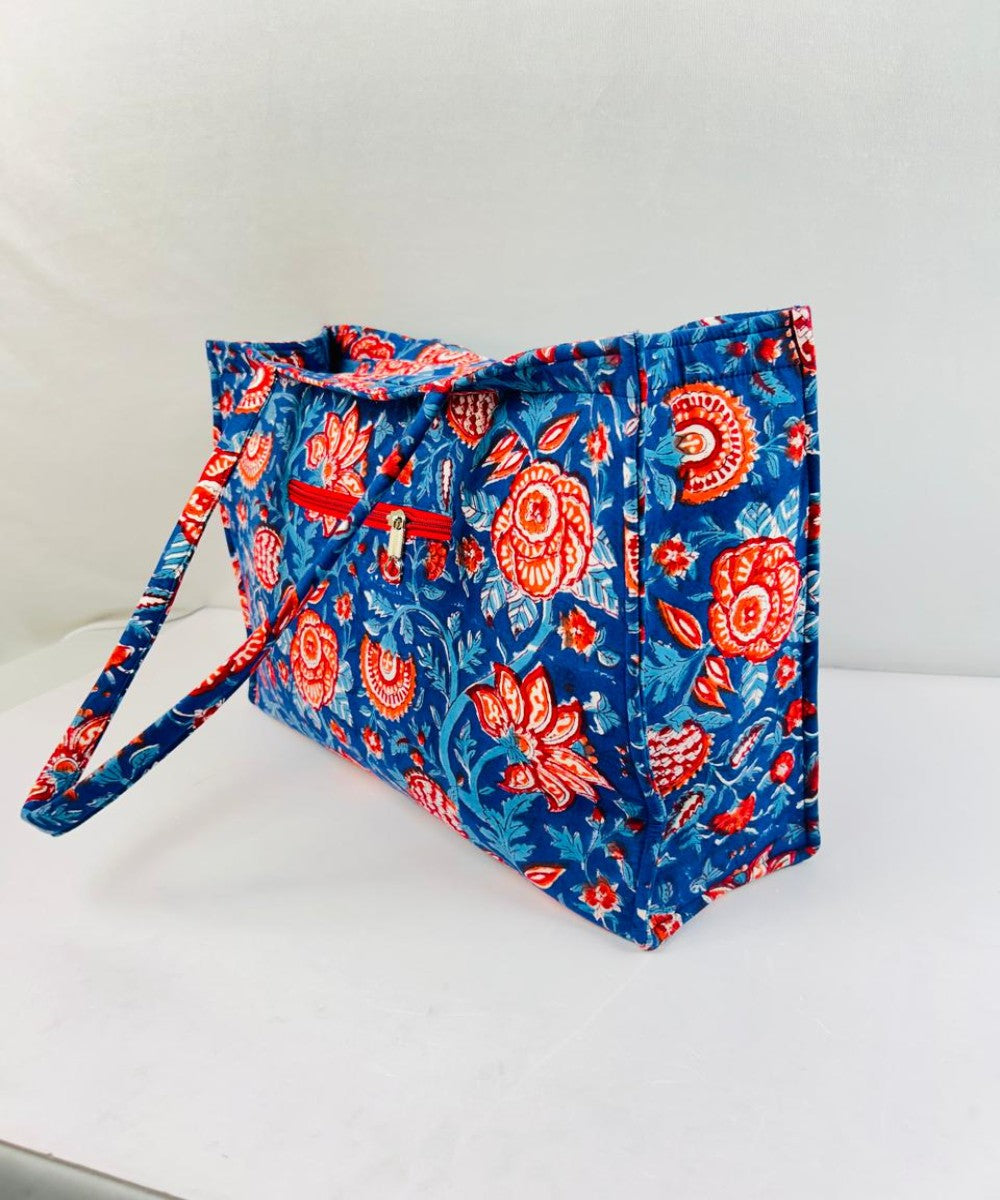 Cyan blue floral handprinted sanganeri cotton canvas fabric sling bag