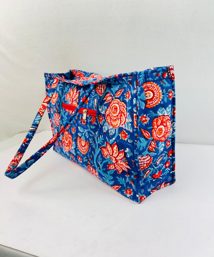 Cyan blue floral handprinted sanganeri cotton canvas fabric sling bag