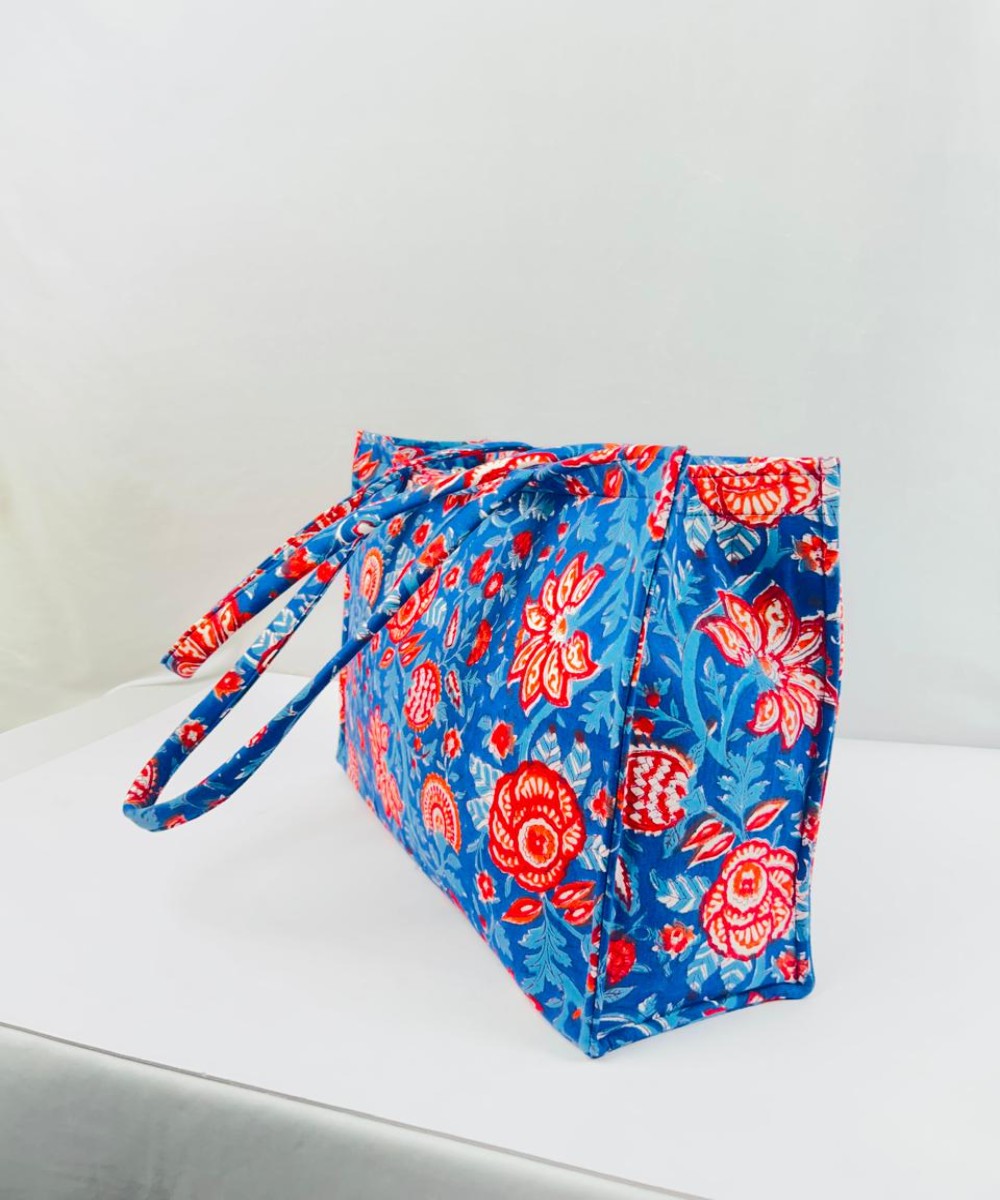 Cyan blue floral handprinted sanganeri cotton canvas fabric sling bag