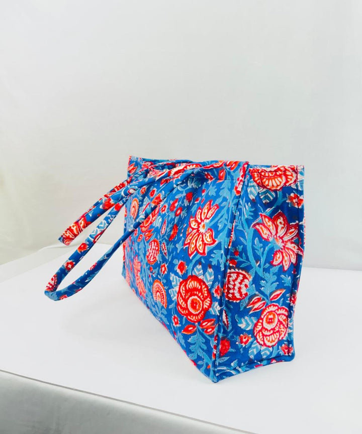 Cyan blue floral handprinted sanganeri cotton canvas fabric sling bag