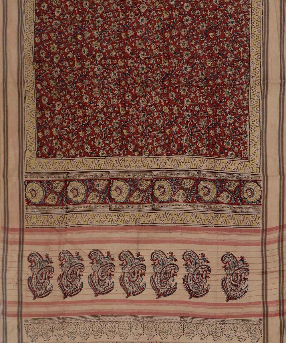 Red beige handwoven cotton kalamkari saree