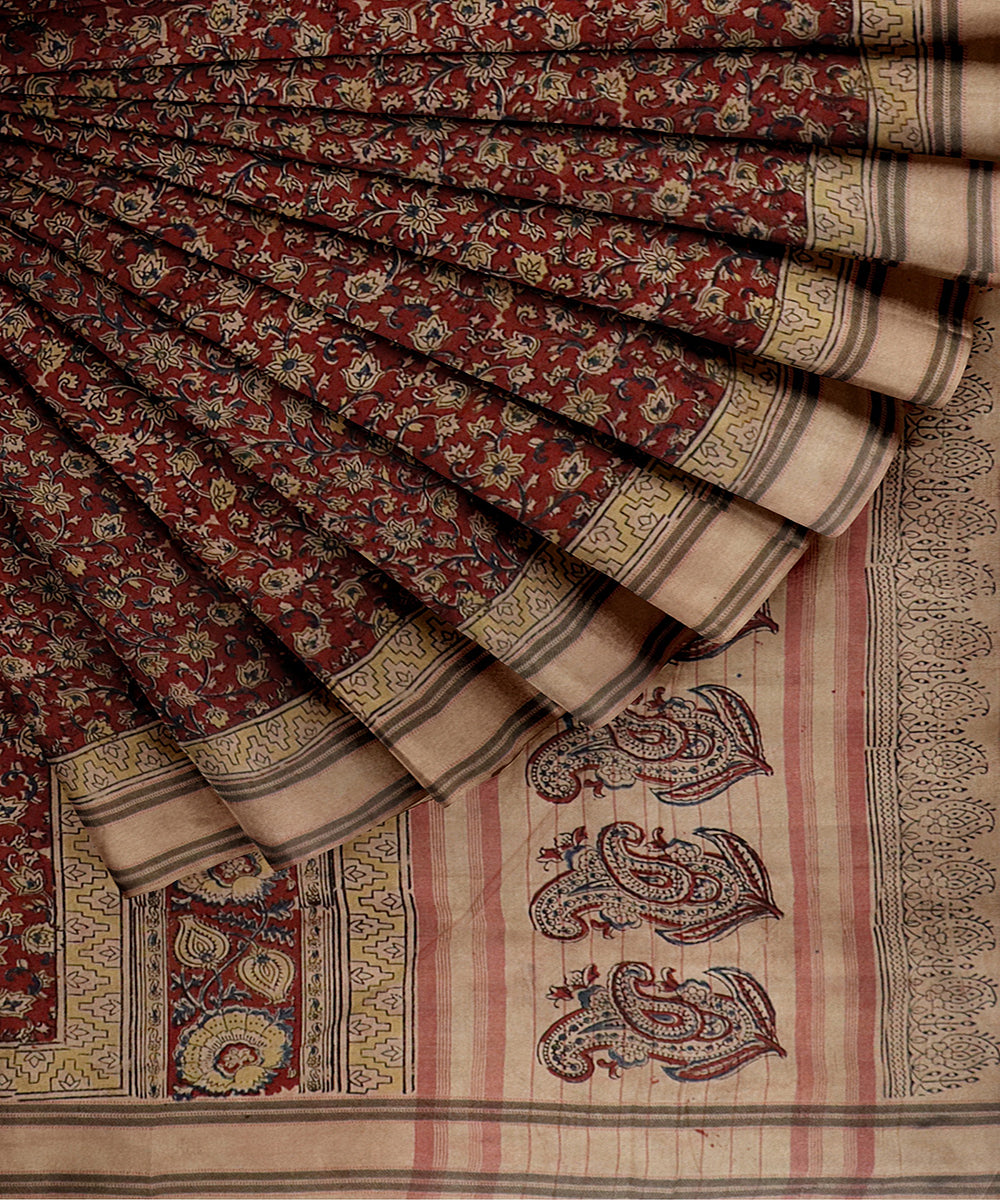 Red beige handwoven cotton kalamkari saree