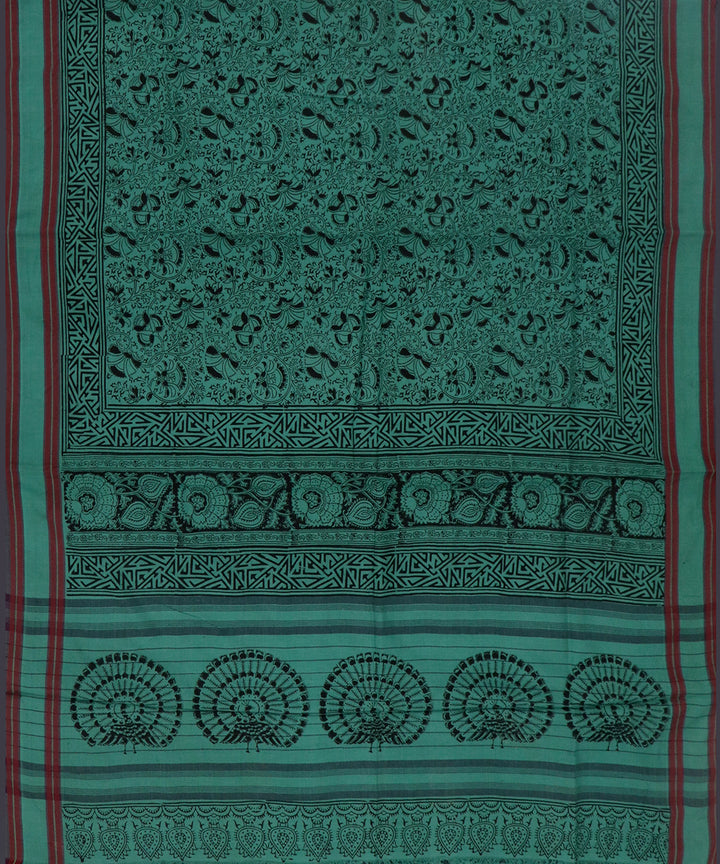 Sea green handwoven cotton kalamkari saree