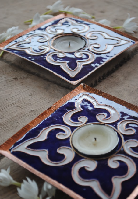 Dark blue handcrafted square tealight holder set of 2