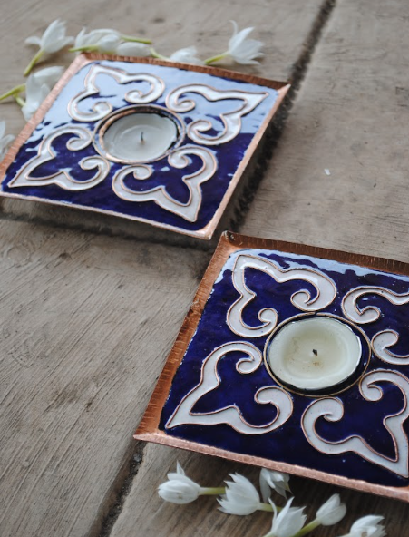 Dark blue handcrafted square tealight holder set of 2
