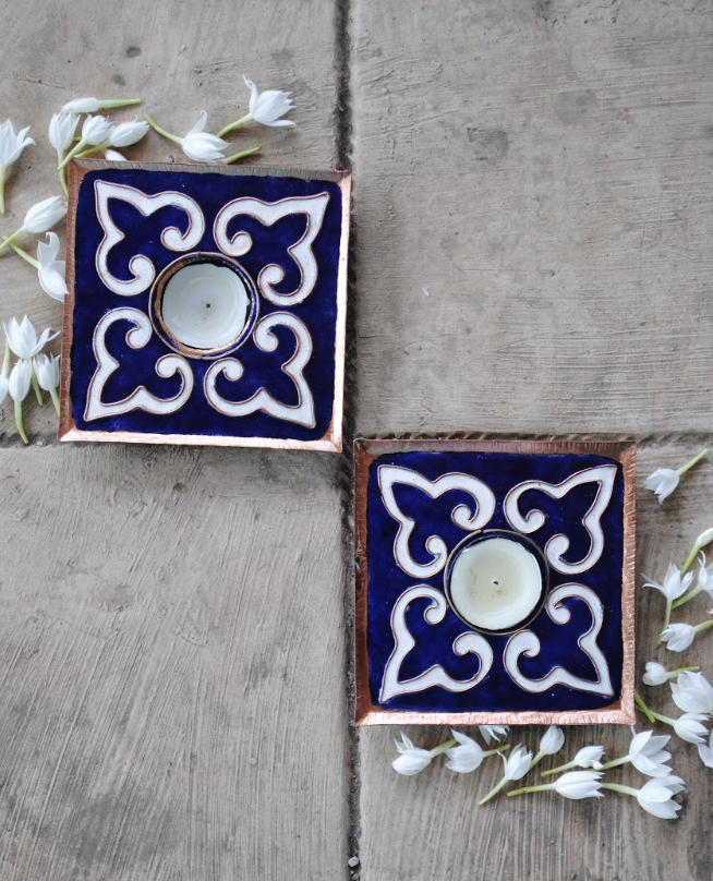 Dark blue handcrafted square tealight holder set of 2