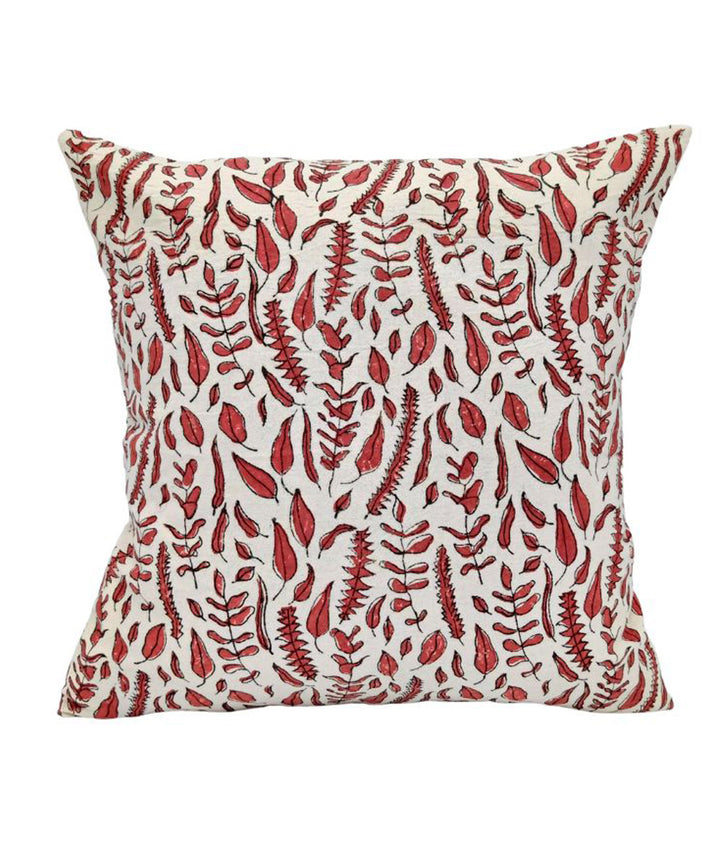 Red white block printed small leaves cotton cushion cover