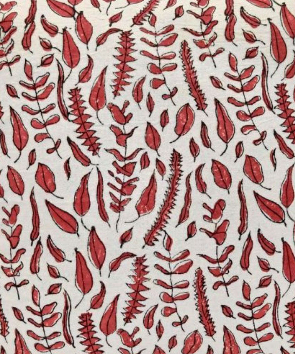 Red white block printed small leaves cotton cushion cover