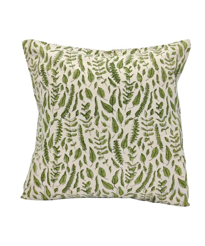 Olive green white block printed small leaves cotton cushion cover