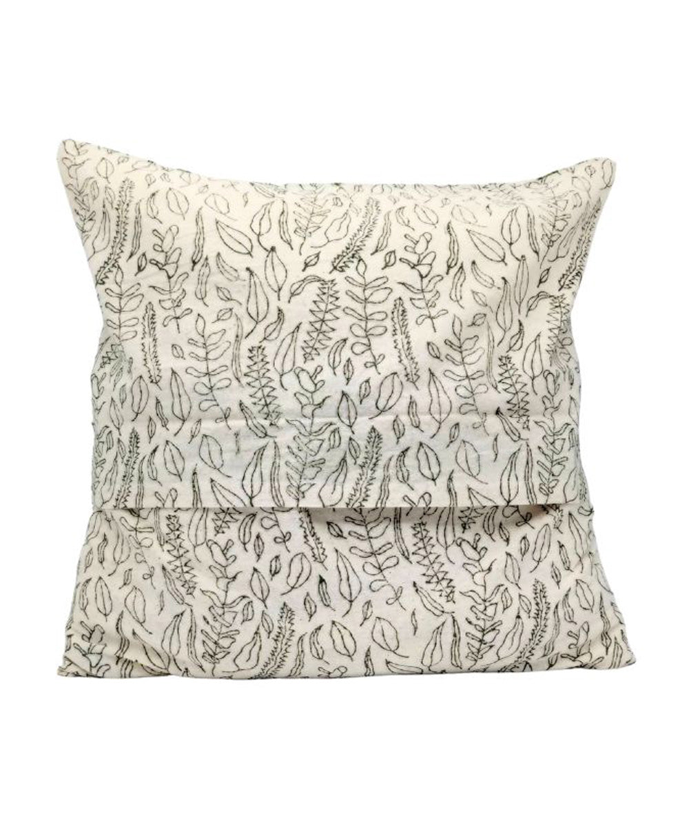Olive green white block printed small leaves cotton cushion cover