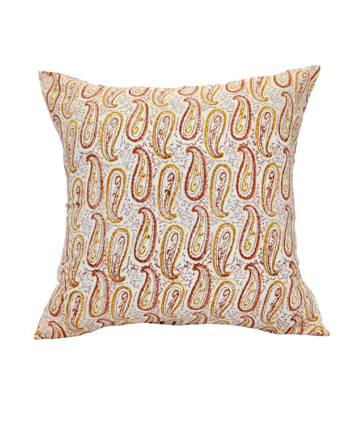 Yellow white block printed small paisley cotton cushion cover