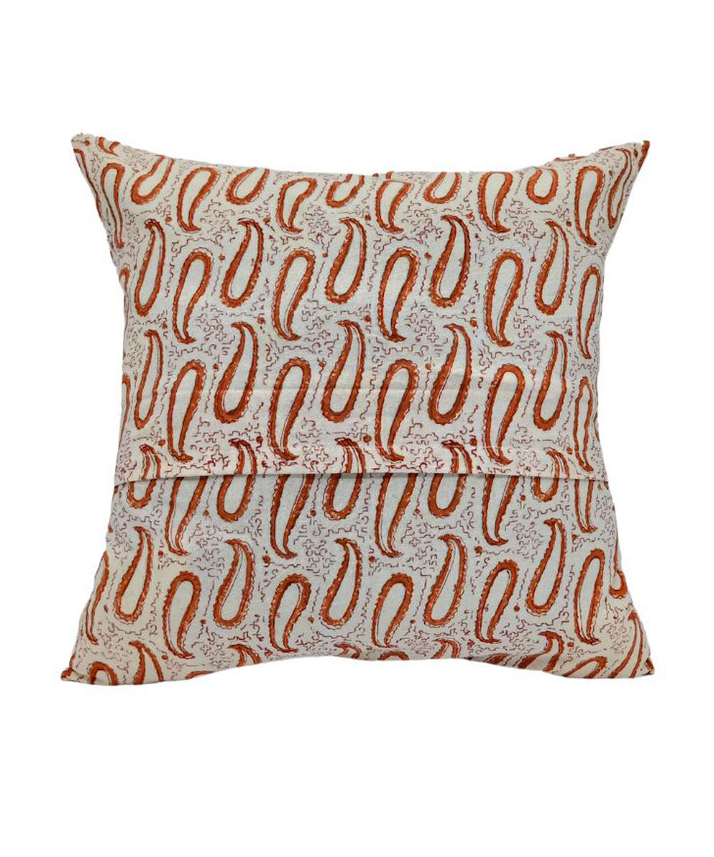 Yellow white block printed small paisley cotton cushion cover