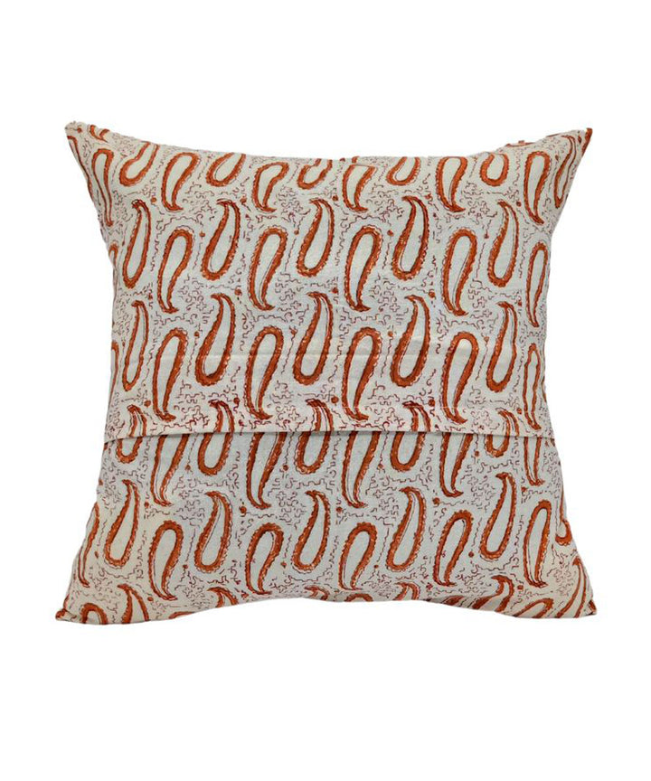 Yellow white block printed small paisley cotton cushion cover