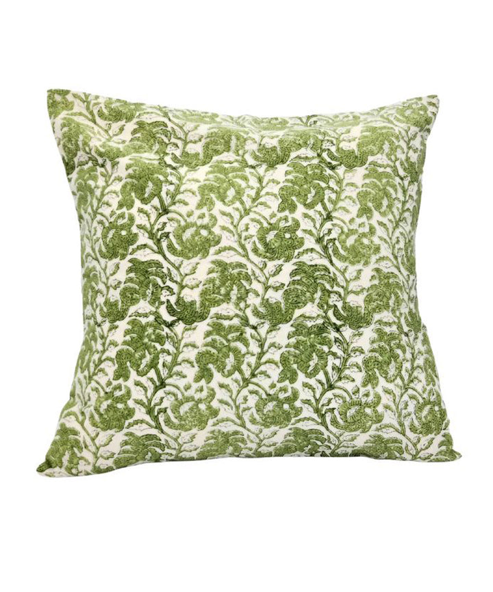 Light green white block printed vine design cotton cushion cover