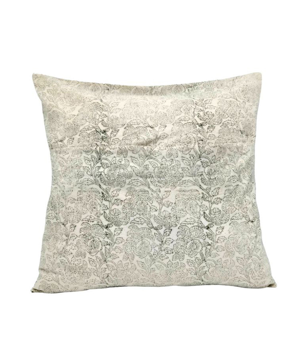 Light green white block printed vine design cotton cushion cover