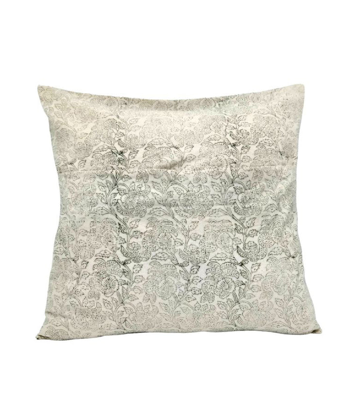 Light green white block printed vine design cotton cushion cover