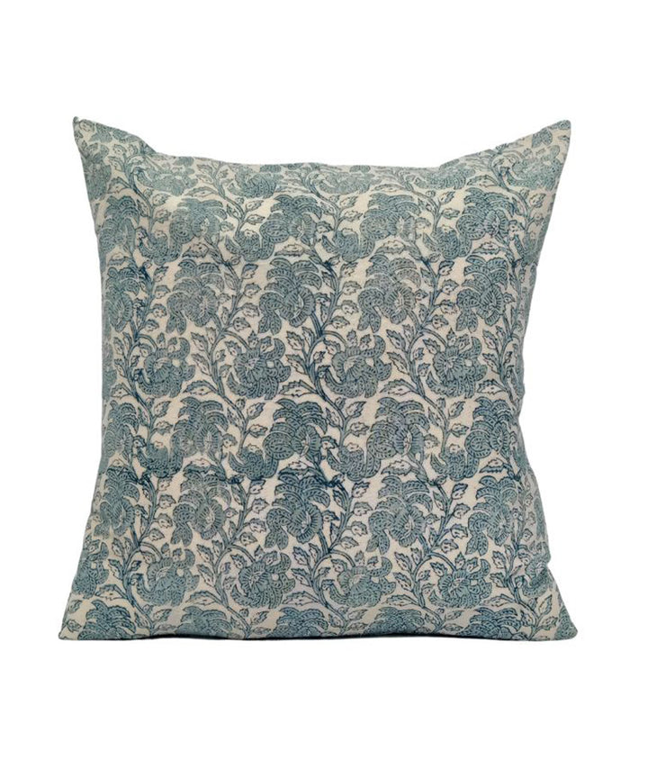 White light blue block printed vine design cotton cushion cover