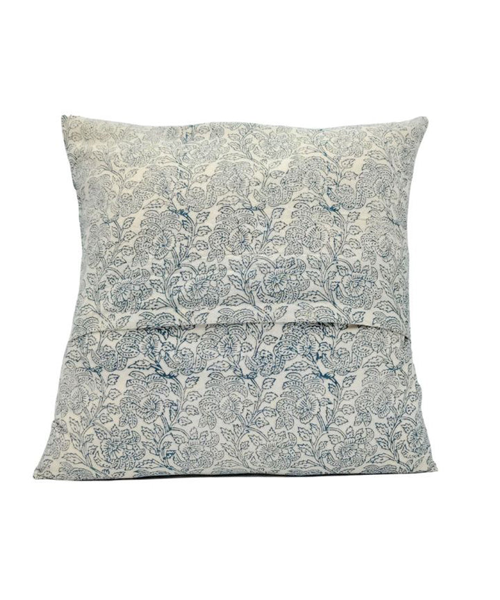 White light blue block printed vine design cotton cushion cover