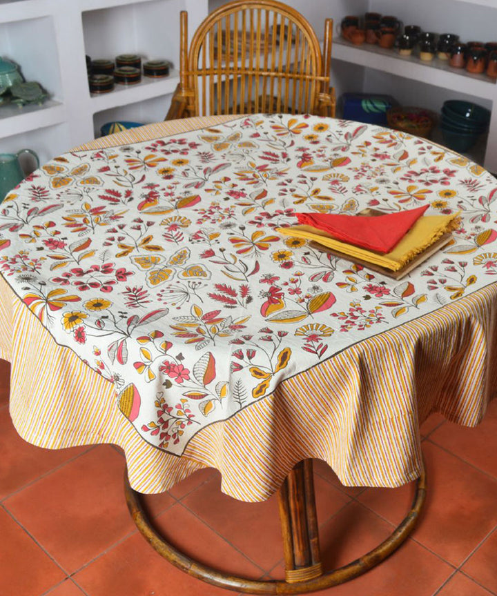 Multicolor hand block print cotton round table cover