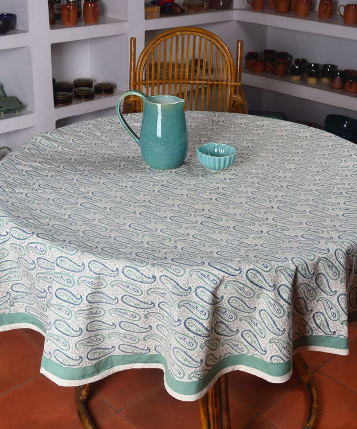 Blue white hand block print cotton round table cover