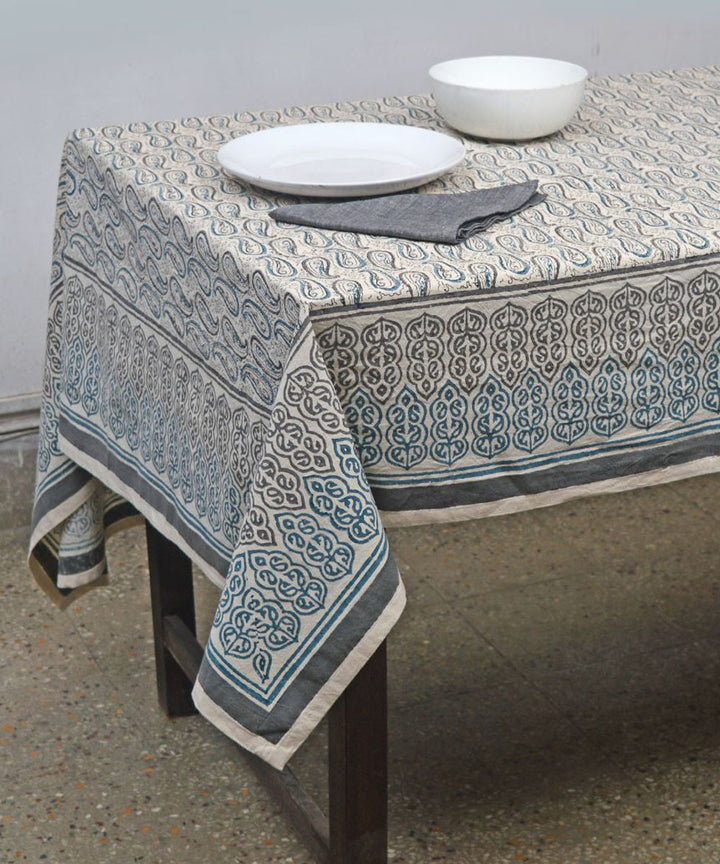 Grey white hand block print cotton table cover